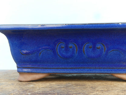 Dark Blue Glazed Rectangular Bonsai Pot - 10"