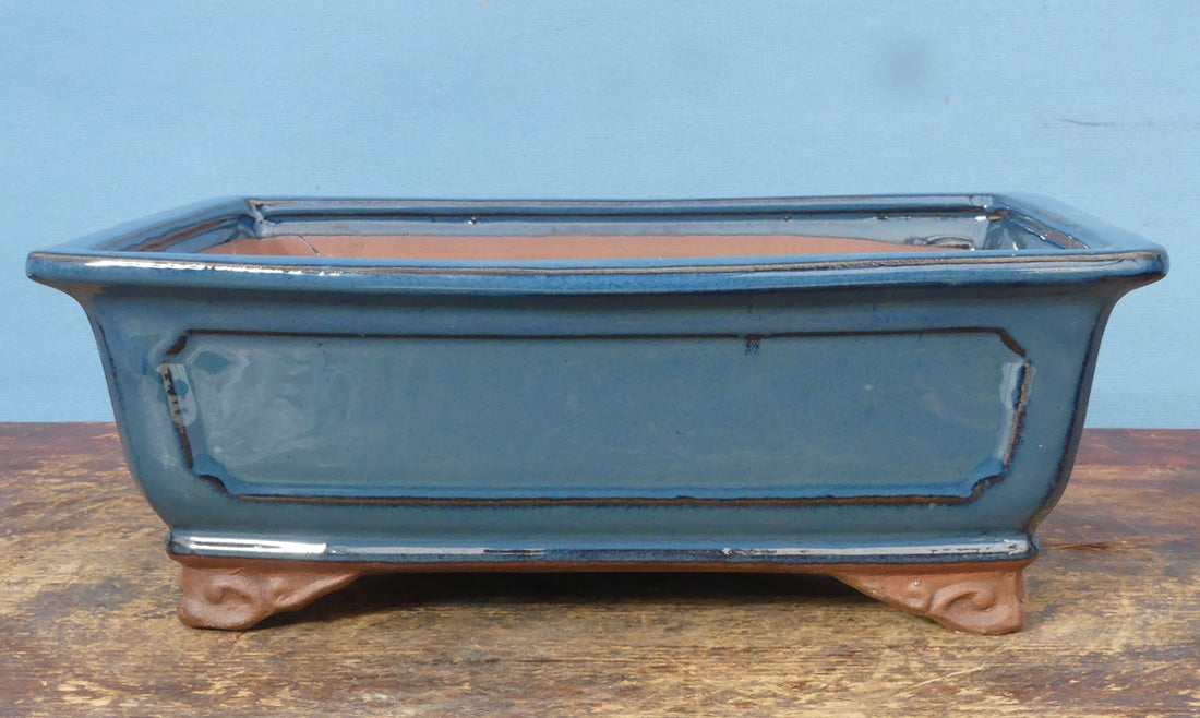 Blue Glazed Rectangular Bonsai Pot - 10"