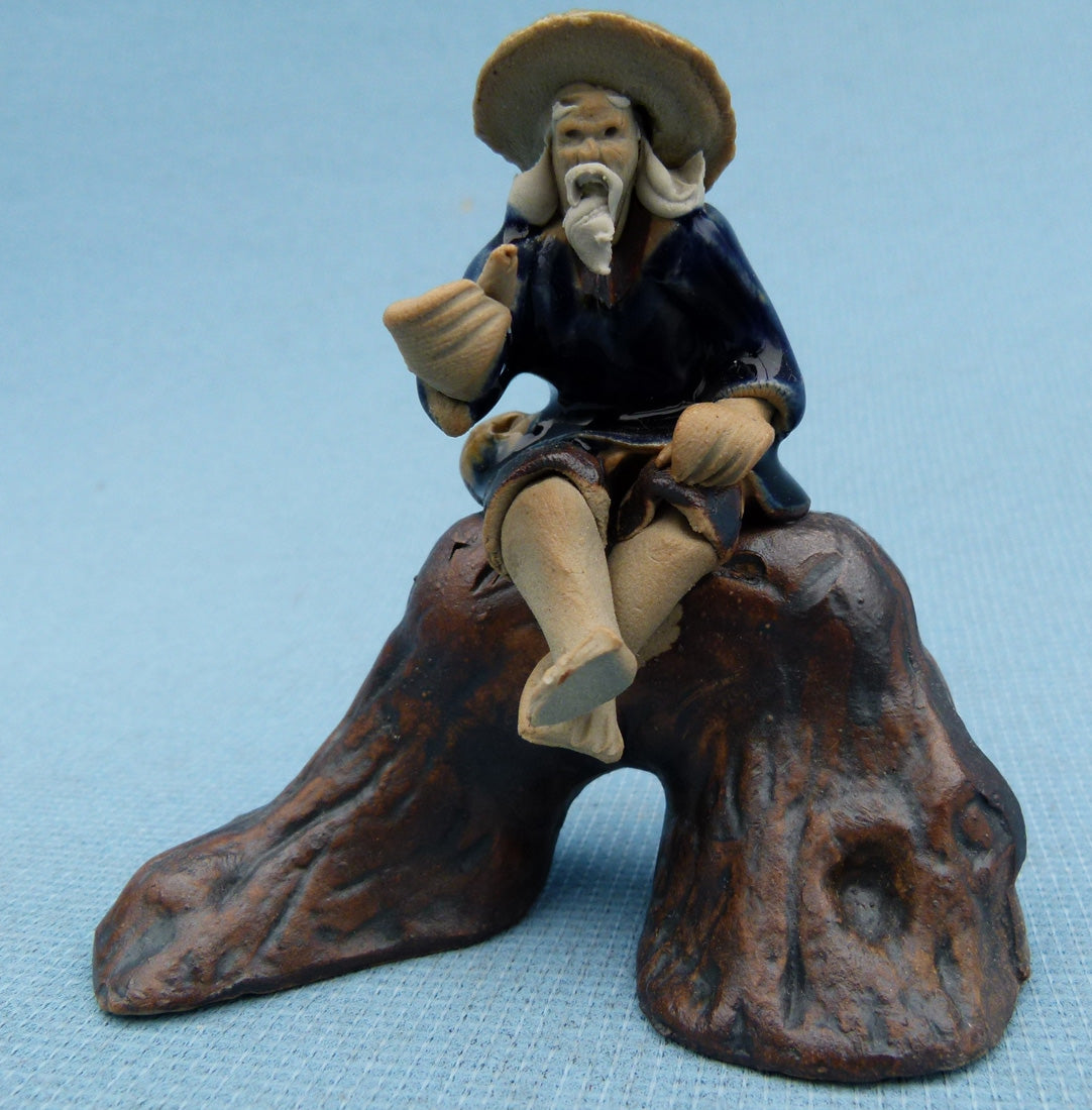 Chinese Shiwan Figure Large Fisherman On A Tree Stump