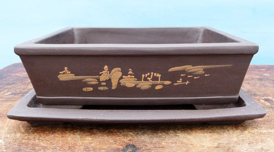 Decorated Rectangular Unglazed Bonsai Pot & Under Tray