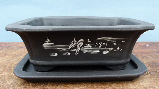 Decorated Rectangular Unglazed Bonsai Pot & Under Tray