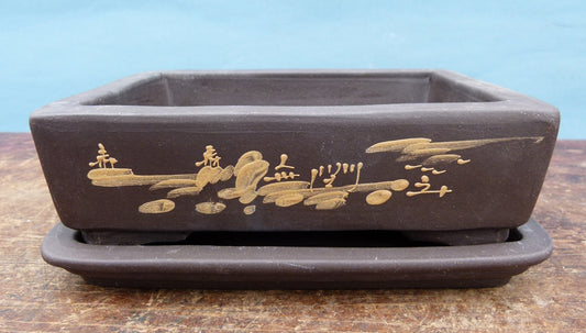 Decorated Rectangular Unglazed Bonsai Pot & Under Tray