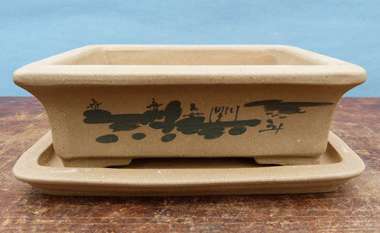 Decorated Rectangular Unglazed Bonsai Pot With Under Tray