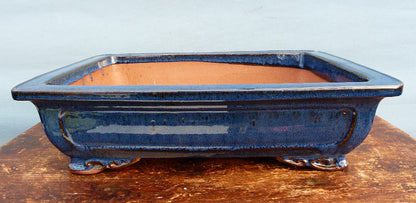 Blue Glazed Deep Rectangle Bonsai Pot - SECOND