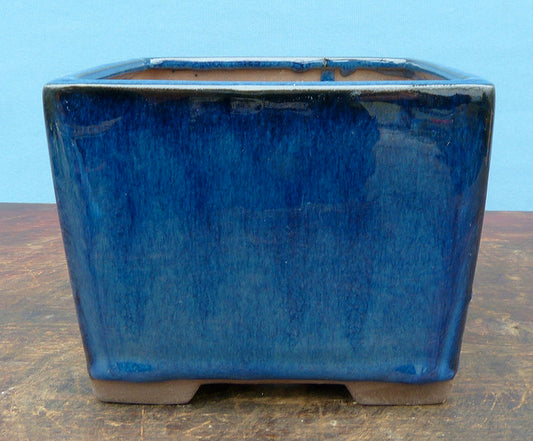 Blue Glazed Deep Square Bonsai Pot - 7"