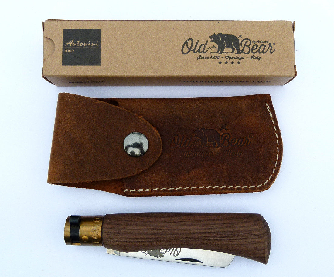 Antonini Old Bear Biltong Folding Knife - Walnut Handle & Leather Sheath